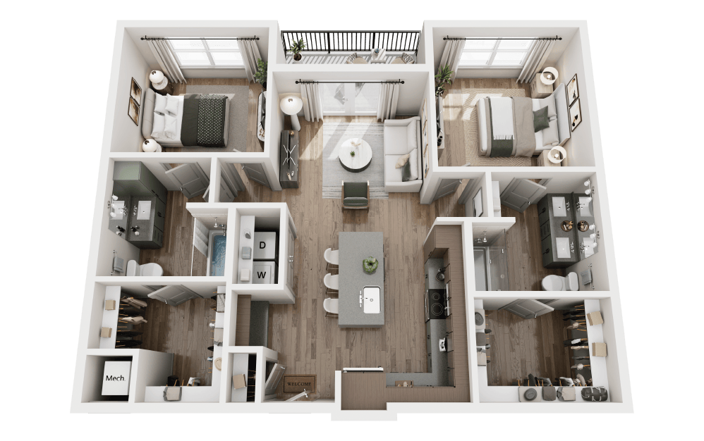 B1 - 2 bedroom floorplan layout with 2 bathrooms and 1074 square feet