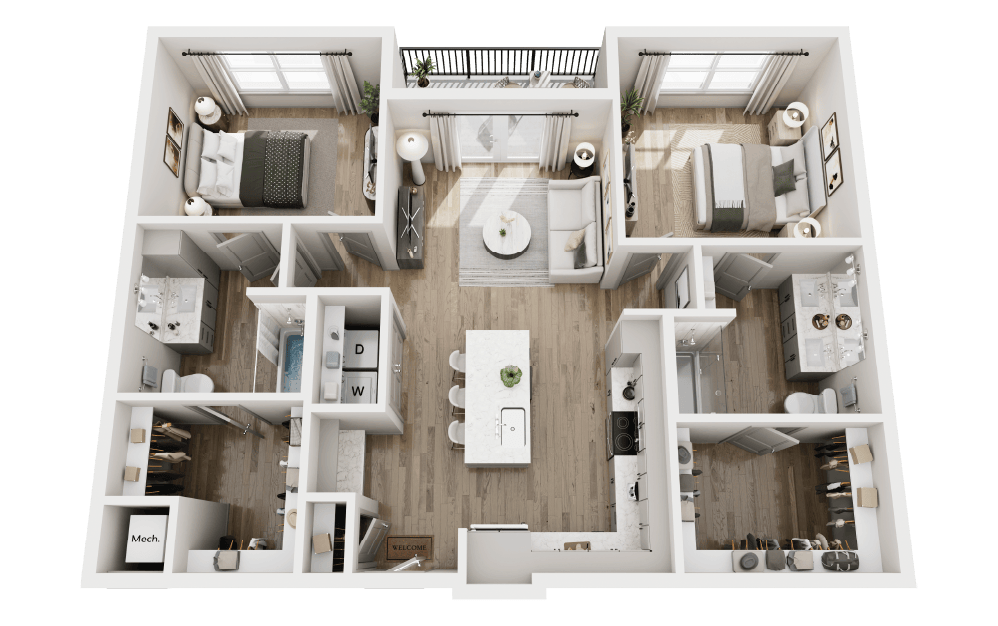 B2 - 2 bedroom floorplan layout with 2 bathrooms and 1126 square feet
