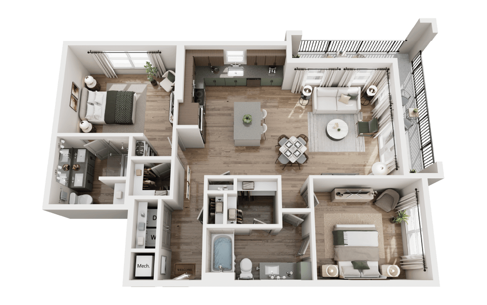 B3 - 2 bedroom floorplan layout with 2 bathrooms and 1175 square feet