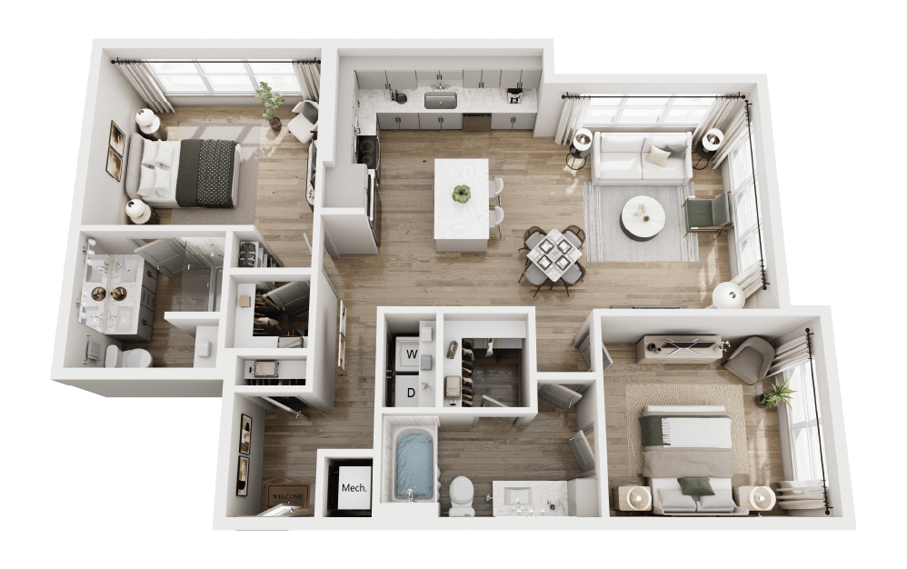 B3.1 - 2 bedroom floorplan layout with 2 bathrooms and 1180 square feet