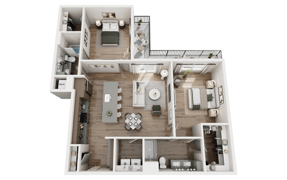 B4 - 2 bedroom floorplan layout with 2 bathrooms and 1264 square feet